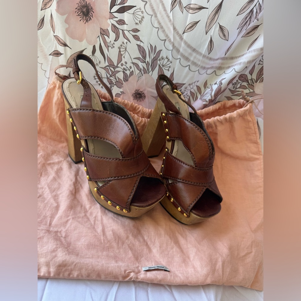 Miu Miu Brown Platform Sandals with Crisscross Straps